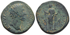 Marcus Aurelius, as Caesar, Æ Sestertius. (32mm, 26,1 g) Rome, AD 156-157. AVRELIVS CAES ANTON AVG PII F, bare head to right / TR P XI COS II, Felicit...