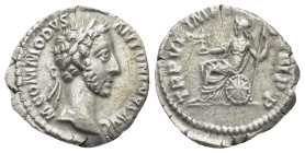 Commodus (177-192 AD). Rome. AR Denarius (18mm, 2.9 g) Obv: M COMMODVS ANTONINVS AVG. Laureate head right. Rev: TR P VI IMP [...?]. Roma seated left o...