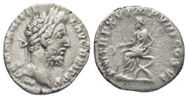 Commodus AR Denarius. (17mm, 2.1g) Rome, AD 190. M COMM ANT P FEL AVG BRIT P P, laureate head right / P M TR P XV IMP VIII COS VI, Commodus seated lef...