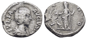 JULIA DOMNA Augusta, 193-217 AD. AR, Denarius. (17mm, 1.8 g) Rome. Obv: IVLIA AVGVSTA. Draped bust of Julia Domna, right. Rev: IVNO. Juno standing lef...
