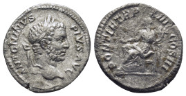 Caracalla, AD 198-217. AR, Denarius. (19mm, 3.0 g). Rome. Obv: ANTONINVS PIVS AVG BRIT. Head of Caracalla, laureate, bearded, right. Rev: PONTIF TR P ...