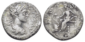 Caracalla. AD 198-217. AR Denarius (16mm, 3.3 g). Rome mint. Struck AD 205. Laureate and draped bust right / Salus seated left, feeding from patera a ...