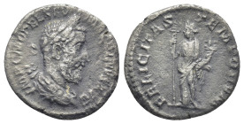 Macrinus (217-218 AD). AR Denarius (18mm, 2.5 g), Rome. Obv. IMP C M OPEL SEV MACRINVS AVG, Laureate and cuirassed bust to right. Rev. FELICITAS TEMPO...