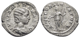 Julia Mamaea, mother of Severus Alexander, died with her son in AD 235. AR Denarius. (19mm, 1.57 g) Her draped bust facing right. Reverse: Juno veiled...