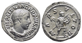 SEVERUS ALEXANDER (222-235). Denarius. (19mm, 2.92 g) Rome. Obv: IMP ALEXANDER PIVS AVG. Laureate, draped and cuirassed bust right. Rev: MARS VLTOR. M...