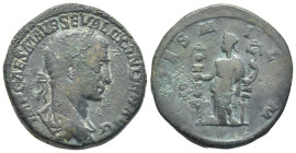 Severus Alexander, AD 222-235. AE, Sestertius. (29mm, 24.8 g). Obv: IMP CAES M AVR SEV ALEXANDER AVG. Bust of Severus Alexander, laureate, draped, cui...