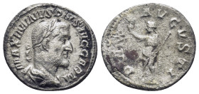 Maximinus I AR Denarius. (18mm, 2.1 g) Rome, AD 235-236. IMP MAXIMINVS PIVS AVG, laureate, draped and cuirassed bust right / PAX AVGVSTI, Pax standing...