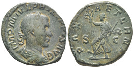 Philip I (AD 244-249). AE sestertius (28mm, 18.6 g). Rome, AD 244. IMP M IVL PHILIPPVS AVG, laureate, draped and cuirassed bust of Philip right / PAX ...