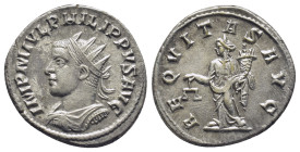 Philip I (AD 244-249). AR antoninianus (20mm, 3.87 gm). Antioch, AD 247. IMP M IVL PHILIPPVS AVG, radiate and cuirassed bust of Philip left, seen from...