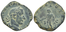 TREBONIANUS GALLUS. 251-253 AD. Æ Sestertius (26mm, 10.5 g). laureate, draped and cuirassed bust right, seen from behind / S C across field, Apollo st...