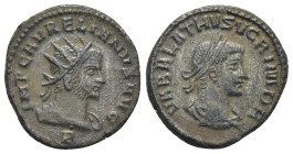 Aurelian, with Vaballathus. A.D. 270-275. BI antoninianus (19mm, 3.7 g). Antioch mint, struck A.D. 270-272. VABALATHVS VCRIMDR, laureate, draped and c...