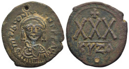 Tiberius II Constantine. 578-582. Æ Three-Quarter Follis (32mm, 12.5 g). Cyzicus mint. Struck 578/9. Ccrowned facing bust / Large XXX, cross above; KY...