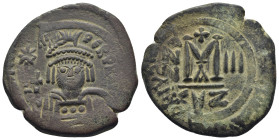 Heraclius AD 610-641. Dated RY 3=AD 612/3. Cyzicus Follis Æ (32mm., 15.2 g). Helmeted and cuirassed bust facing, holding globus cruciger and shield / ...