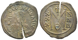 Theophilus AD 829-842. Constantinople Follis or 40 Nummi Æ (30mm, 7,81 g) ✷ • ΘЄO-FIL' ЬASIL', crowned and draped bust facing, holding patriarchal cro...