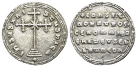 CONSTANTINE VII PORPHYROGENITUS with ROMANUS I (913-959 AD). AR, Miliaresion. (23mm, 2.5 g) Constantinople. Obv: IҺSЧS XRISTЧS ҺICA. Cross crosslet se...