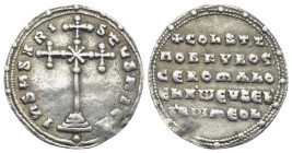 Constantine VII, with Romanus I, AR Miliaresion. (23mm, 2.7 g) Constantinople, AD 945-959. IhSVS XRISTVS NICA, cross crosslet on three steps, X at cen...