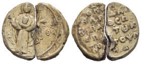 BYZANTINE LEAD SEAL. (21mm, 8 g) Obv: MP - ΘV. The Theotokos (Virgin Mary) standing facing on dais, orans; nimbate head of christ on breast. Rev: Lege...