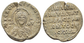 BYZANTINE LEAD SEAL. (24mm, 6 g) Obv: Nimbate bust of Mary, medallion with face of Christ on chest; monograms on both sides. Rev: Legend in 5 lines.