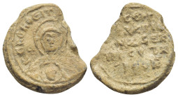 BYZANTINE LEAD SEAL. (22mm, 6.6 g) Obv: MP - ΘV. The Theotokos (Virgin Mary) standing facing on dais, orans; nimbate head of christ on breast. Rev: Le...