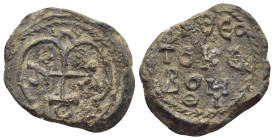 BYZANTINE LEAD SEAL. (22mm, 12.5 g) Obv: Patriarchal cross; floral scroll to left and right. Rev: Legends in 3 lines.