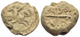 BYZANTINE LEAD SEAL. (22mm, 15.15 g) Obv: Male warrior riding on horseback to right, head right, holding a roll in cylindrical recepticle in his right...