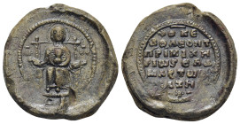 BYZANTINE LEAD SEAL. (26mm, 12.61 g) Obv: MP - Θ. The Virgin Mary enthroned facing, holding Christ Child. Rev: Legends in 6 lines.