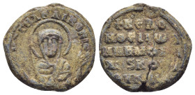 BYZANTINE LEAD SEAL. (19mm, 5.0 g) Obv: MP - ΘV. Bust of the Virgin Mary facing, orans. Rev: Legends in 5 lines.