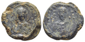 BYZANTINE LEAD SEAL. (20mm, 9.4 g) Obv: MP - ΘV. Bust of the Virgin Mary facing, orans. Rev: Bust of saint facing.