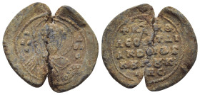 BYZANTINE LEAD SEAL. (25mm, 7.5 g) Obv: Nimbate facing bust of Saint Theodore, holding a spear over his right shoulder and resting shield on his left ...
