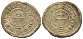 BYZANTINE LEAD SEAL. (26mm, 12.7 g) Obv: Circular legend Patriarchal cross set upon three steps. Rev: Circular legend Patriarchal cross set upon three...