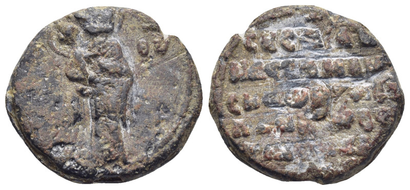 BYZANTINE LEAD SEAL. (22mm, 10.5 g) Obv: The Virgin Mary standing facing, nimbat...
