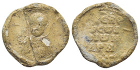 BYZANTINE LEAD SEAL. (22mm, 6.7 g) Obv: Facing bust of Saint Nicholas, nimbate, raising his right hand in benediction and holding a book of Gospels in...