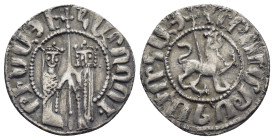 ARMENIA, Cilician Armenia. Royal. Levon I. 1198-1219. AR Tram (20mm, 3.0 g). Crowned lion advancing right, head facing; long cross in background. / Za...