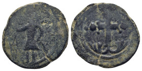 Crusaders, Edessa AE (Bronze, 4.2g, 22mm) Baldwin II (Second reign, 1108-1118) Light Series, Type 2, ca 1114. Obv: Baldwin, in military attire, standi...