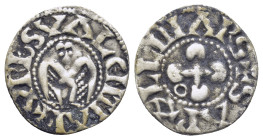 France, Valence. Anonymous Bishops (1157-1276 AD) AR Denier (17mm, 0.99 g) Obv: Double-headed eagle. Rev: Cross with globular ends, annulet in one ang...