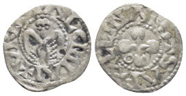 France, Valence. Anonymous Bishops (1157-1276 AD) AR Denier (18mm, 0.75 g) Obv: Double-headed eagle. Rev: Cross with globular ends, annulet in one ang...