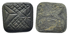 Bronze antique part. Square part with geometric shapes. (9mm, 0.9 g)