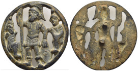 Bronze applique standing warrior restling shield and holding spear. Captives. (55mm, 36.1 g)