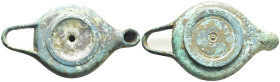 Bronze oil lamp with loop handle wide filling whole with circular border and long spout. (135mm, 226 g)