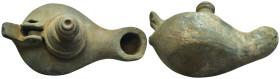Bronze oil lamp with loop handle wide filling whole with circular border and long spout. (82mm, 142,5 g)