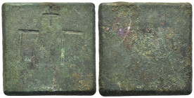 Byzantine Weights, Circa 4th-6th centuries. Weight of 3 Ounkia (37mm, 76,4 g), a uniface square commercial weight with plain edges. Γᴑ Γ with cross ab...