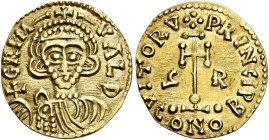 Benevento. Grimoaldo III principe, 792-806 

Tremisse, EL 1,13 g. GRIM – VALD Busto diademato di fronte, con globo crucigero nella mano d. Rv. VITOR...