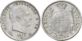Bologna. Napoleone I re d’Italia, 1805-1814 

Da 2 lire 1812, AR 9,92 g. Bordo incuso e puntali sagomati. Pagani 54a. Rara. Migliore di BB