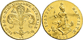 Firenze. Ludovico I di Borbone, 1801-1803 

Ruspone 1803, AV 10,41 g. Pagani 2. MIR 414/2. Friedberg 338. Molto raro. Tracce di montatura, altriment...