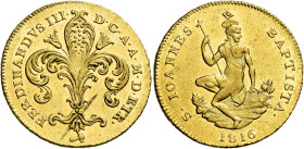 Firenze. Ferdinando III di Lorena, 1790-1801 e 1814-1824. II periodo: 1814-1824 

Ruspone 1816, AV 10,44 g. Pagani 52. MIR 433/2. Friedberg 341. Spl