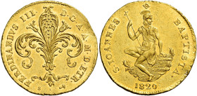 Firenze. Ferdinando III di Lorena, 1790-1801 e 1814-1824. II periodo: 1814-1824 

Ruspone 1820, AV 10,42 g. Pagani 54. MIR 433/4. Friedberg 341. Mol...