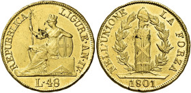 Genova. Repubblica Ligure, 1798-1805 

Da 48 lire anno IV/1801, AV 12,55 g. Pagani 7. MIR 376/2. Friedberg 449. Molto rara. Mancanze di metallo, alt...