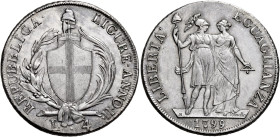 Genova. Repubblica Ligure, 1798-1805 

Da 4 lire anno II/1799, AR 16,58 g. Pagani 15. MIR 380/1. Rara. Fondi spazzolati, altrimenti q.Spl