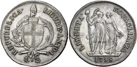 Genova. Repubblica Ligure, 1798-1805 

Da 2 lire anno I/1798, AR 8,25 g. Pagani 17. MIR 381. Molto rara. Frattura marginale del tondello, altrimenti...
