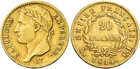 Genova. Napoleone I imperatore, 1805-1814 

Da 20 franchi 1814, AV 6,42 g. Pagani 24. MIR 387/2. Le Franc 516/40. Friedberg 520. Estremamente raro. ...
